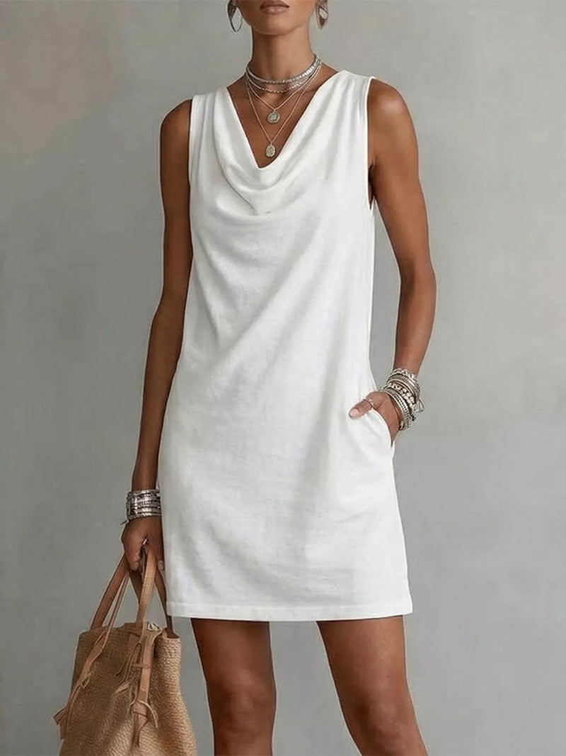 White sleeveless cowl neck mini dress front view