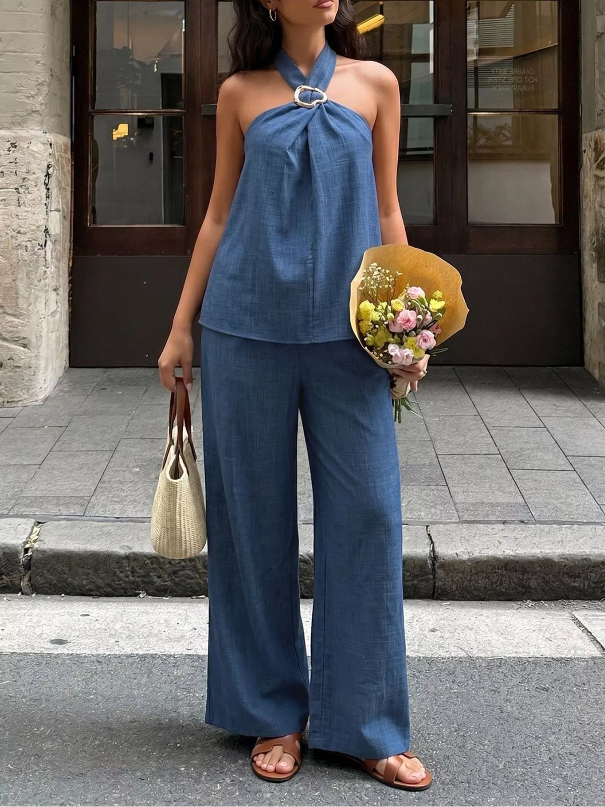 Halter neck top and wide leg pants set in navy front view