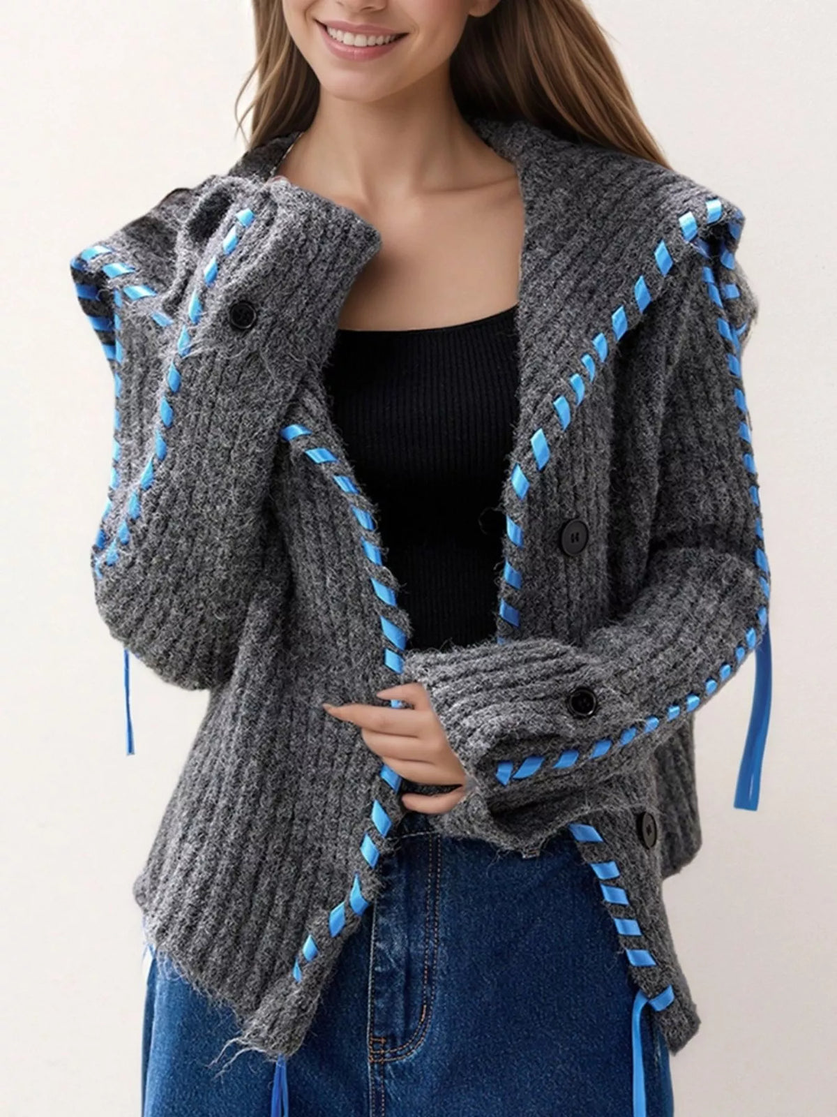 gray ribbed cable knit open front cardigan back view