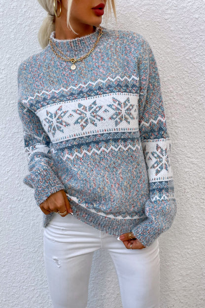 Snowflake Pattern Mock Neck Sweater - Fashorio