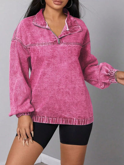Zip Collar Long Sleeve Denim Top - Fashorio