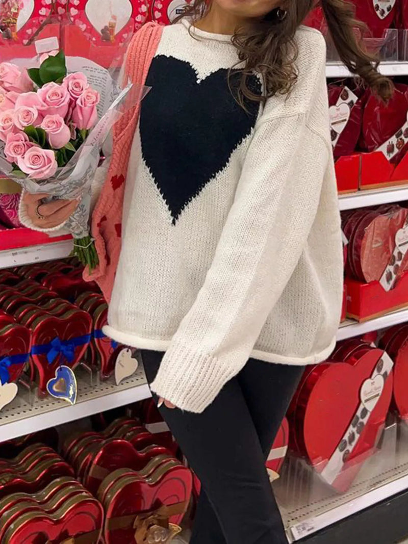 Gray and white heart dropped shoulder sweater front view