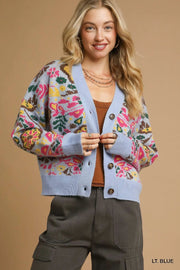 Umgee Floral Knit Button-Up Cardigan LT. BLUE - Fashorio