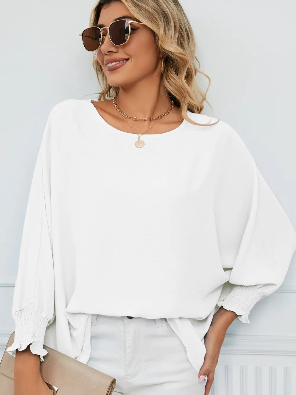 Smocked Lantern Sleeve Round Neck Blouse - Fashorio