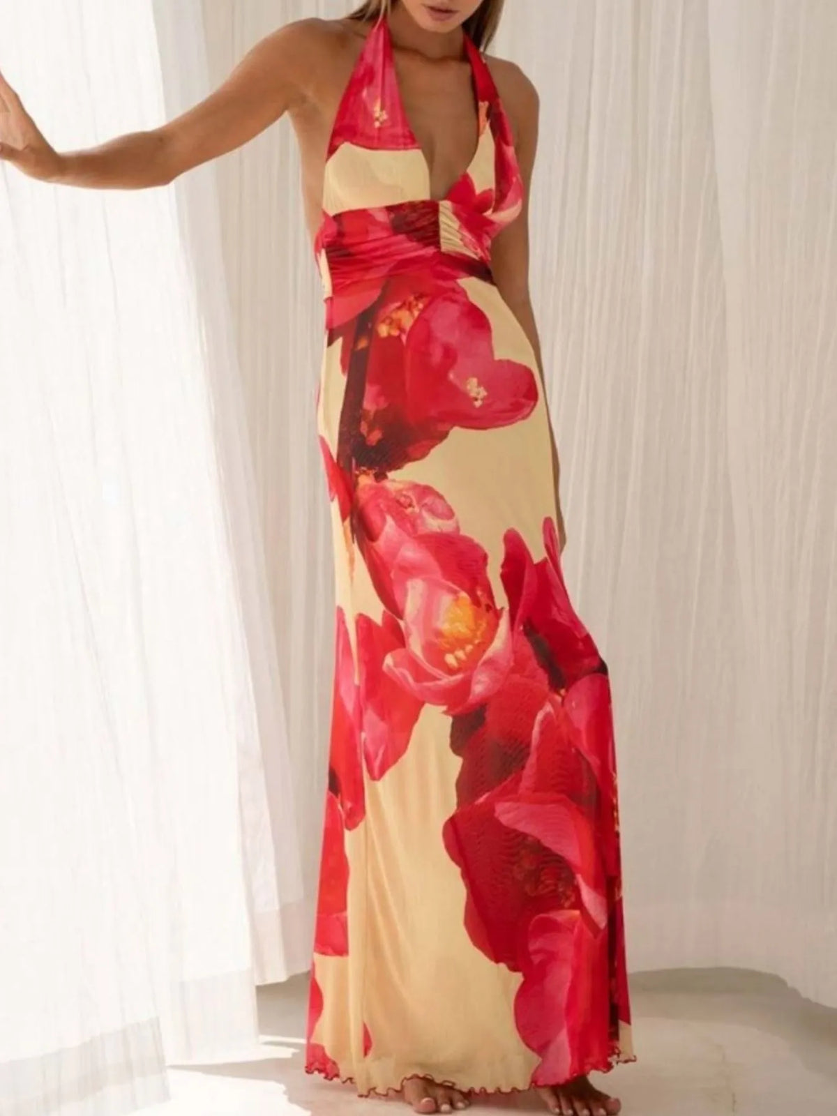 floral halter deep v maxi dress styled view