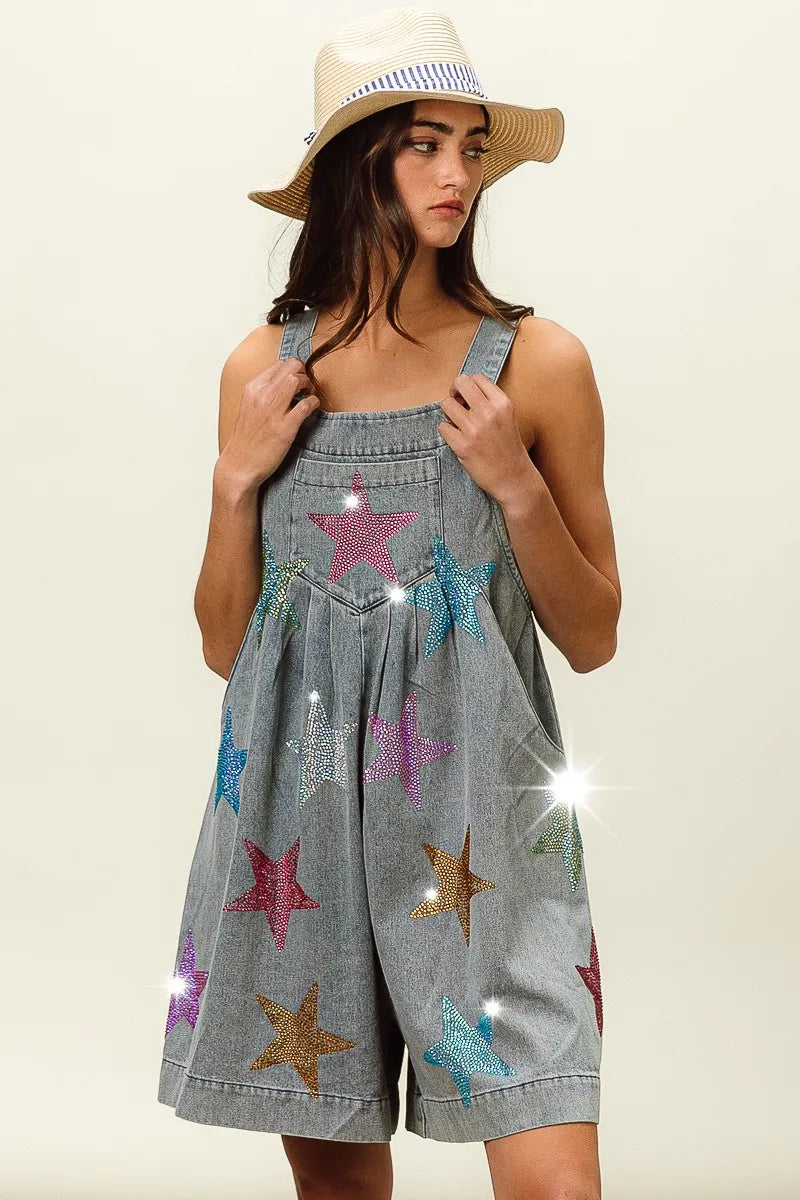BiBi Star Rhinestone Washed Wide Leg Shortalls - Fashorio