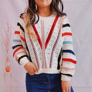 Striped Openwork Round Neck Sweater Multicolor - Fashorio