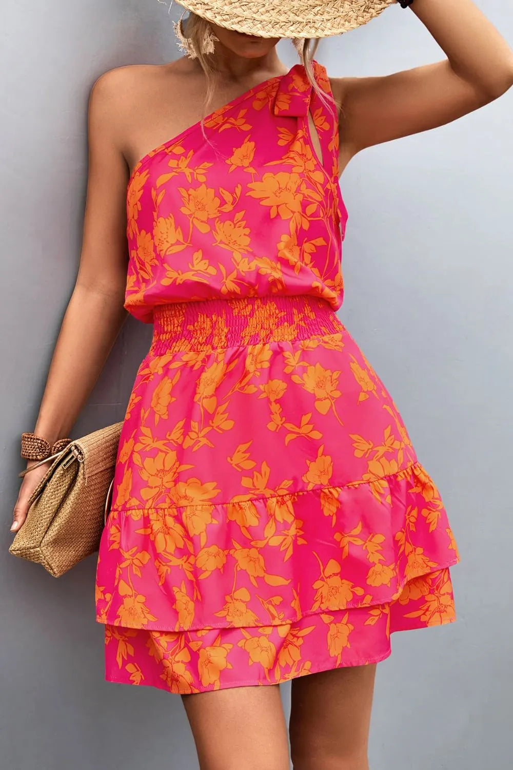 Smocked printed single shoulder dress full styling