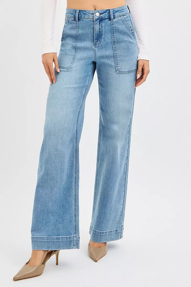 Medium wash straight leg jeans side profile