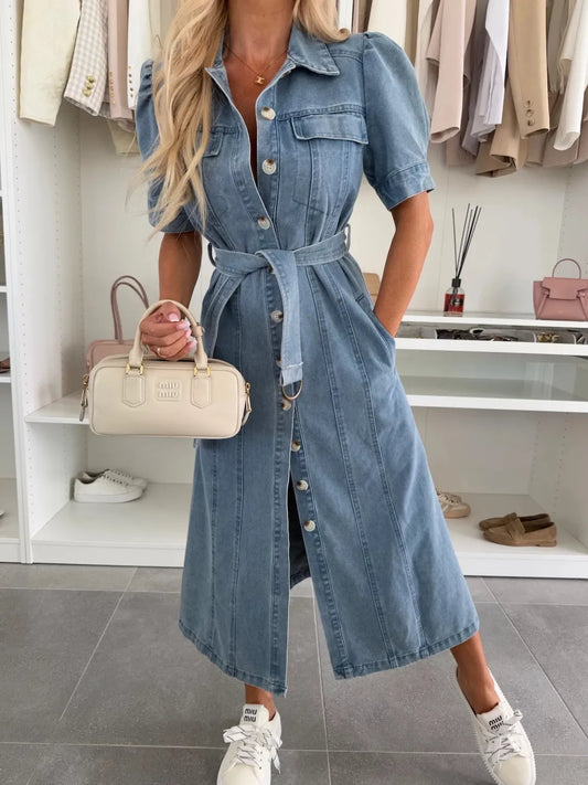 Puff Sleeve Button Down Belted Denim Midi Dress Blue - Fashorio