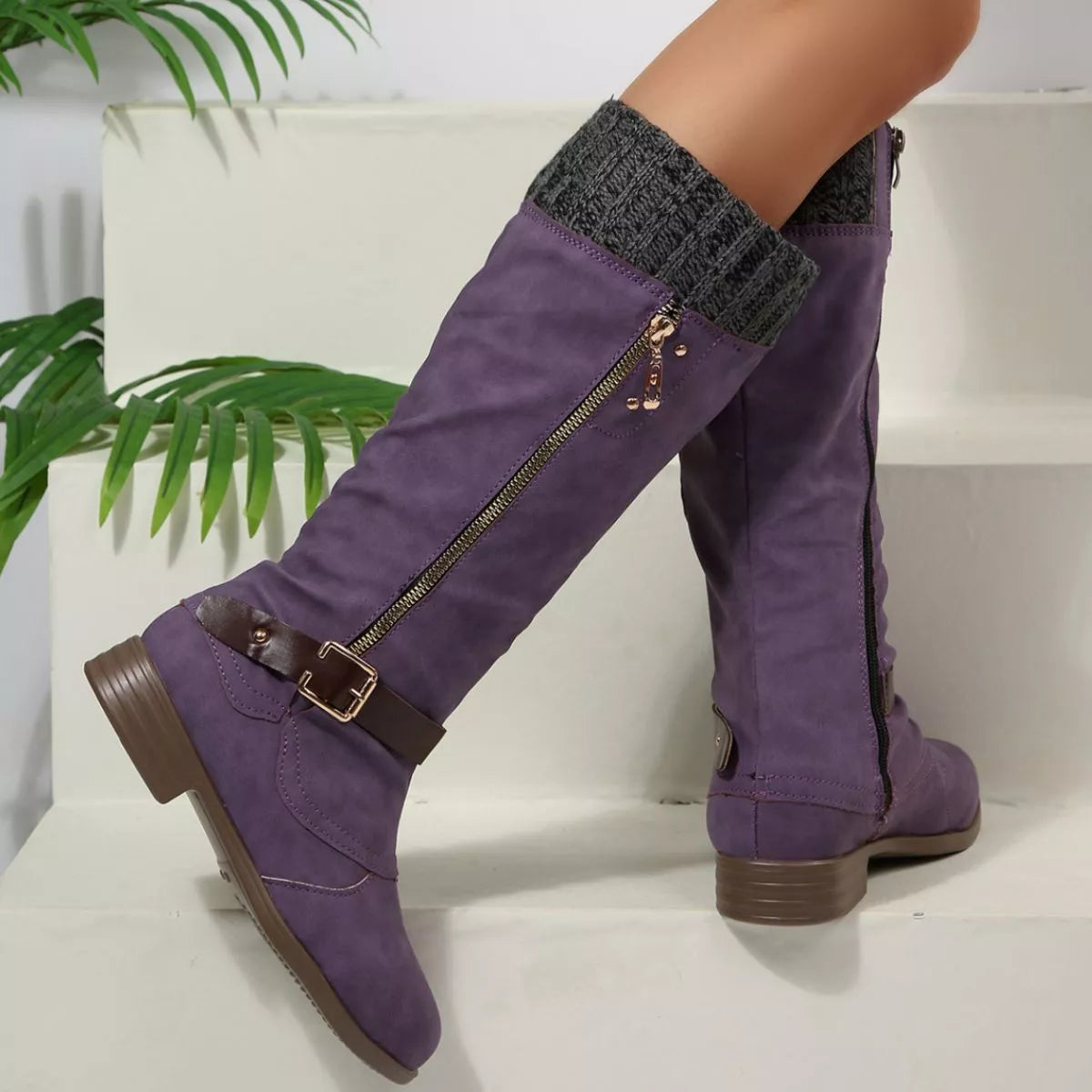 Purple round toe block heels boots top down view