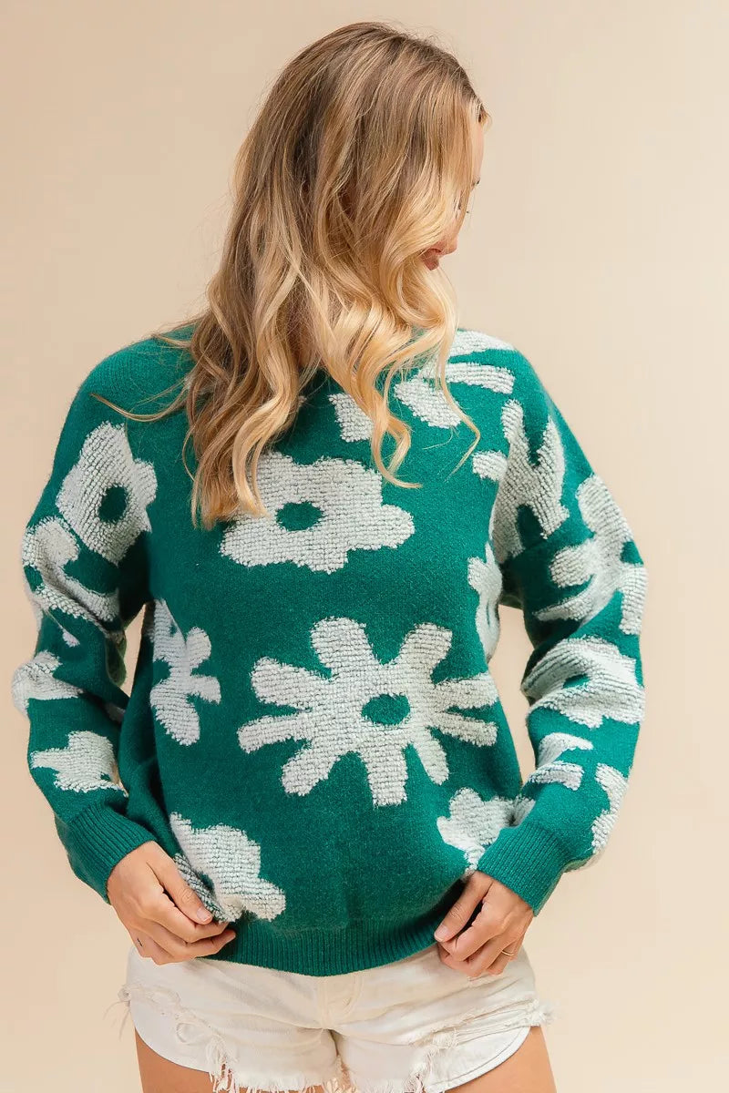 Floral Pattern Long Sleeve Sweater Top in Hunter Green view 9