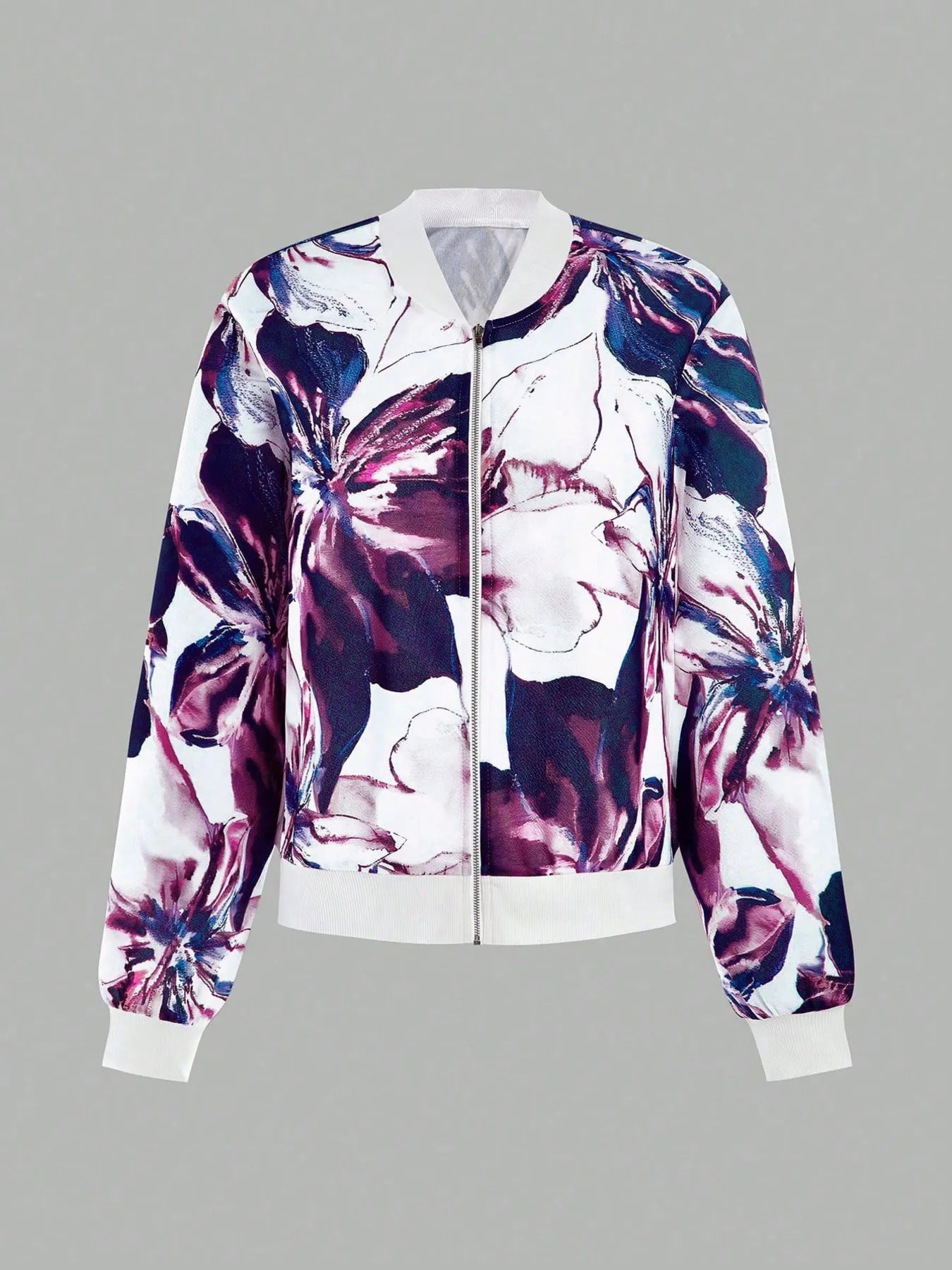 Printed Zip-Up Long Sleeve Jacket – Lightweight Casual Layer Purple - Fashorio