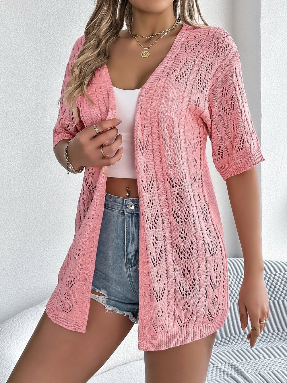 Openwork Open Front Half Sleeve Cardigan - Fashorio