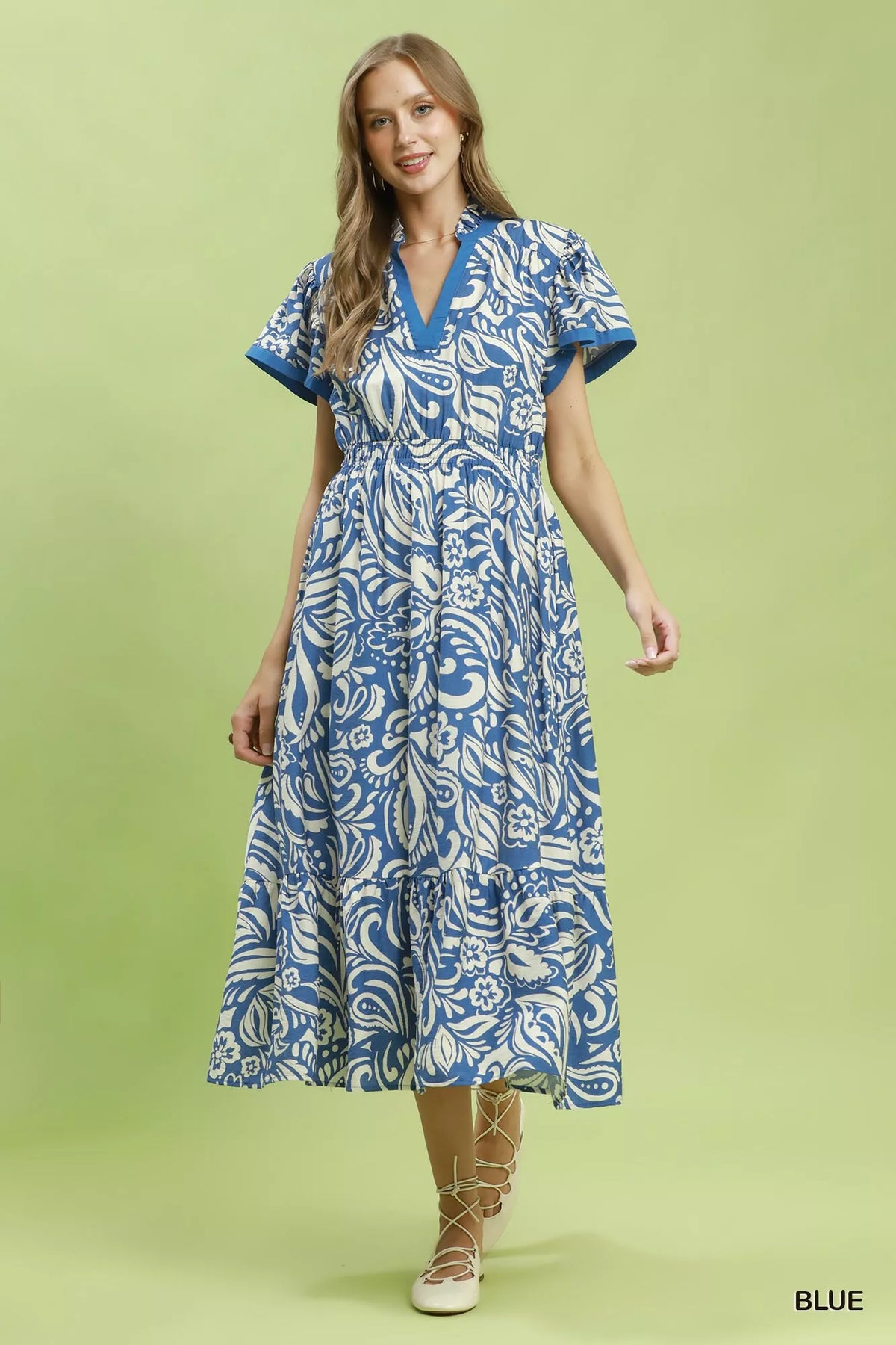 Blue paisley midi dress flutter sleeve detail view