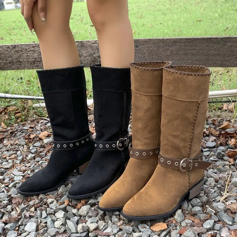 camel pointed toe block heel boots front view