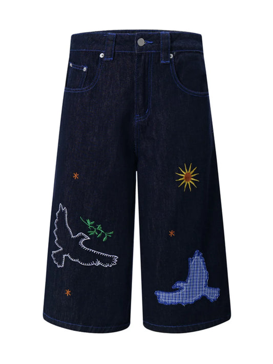 Men's Embroidered Wash Denim Shorts Dark Blue - Fashorio