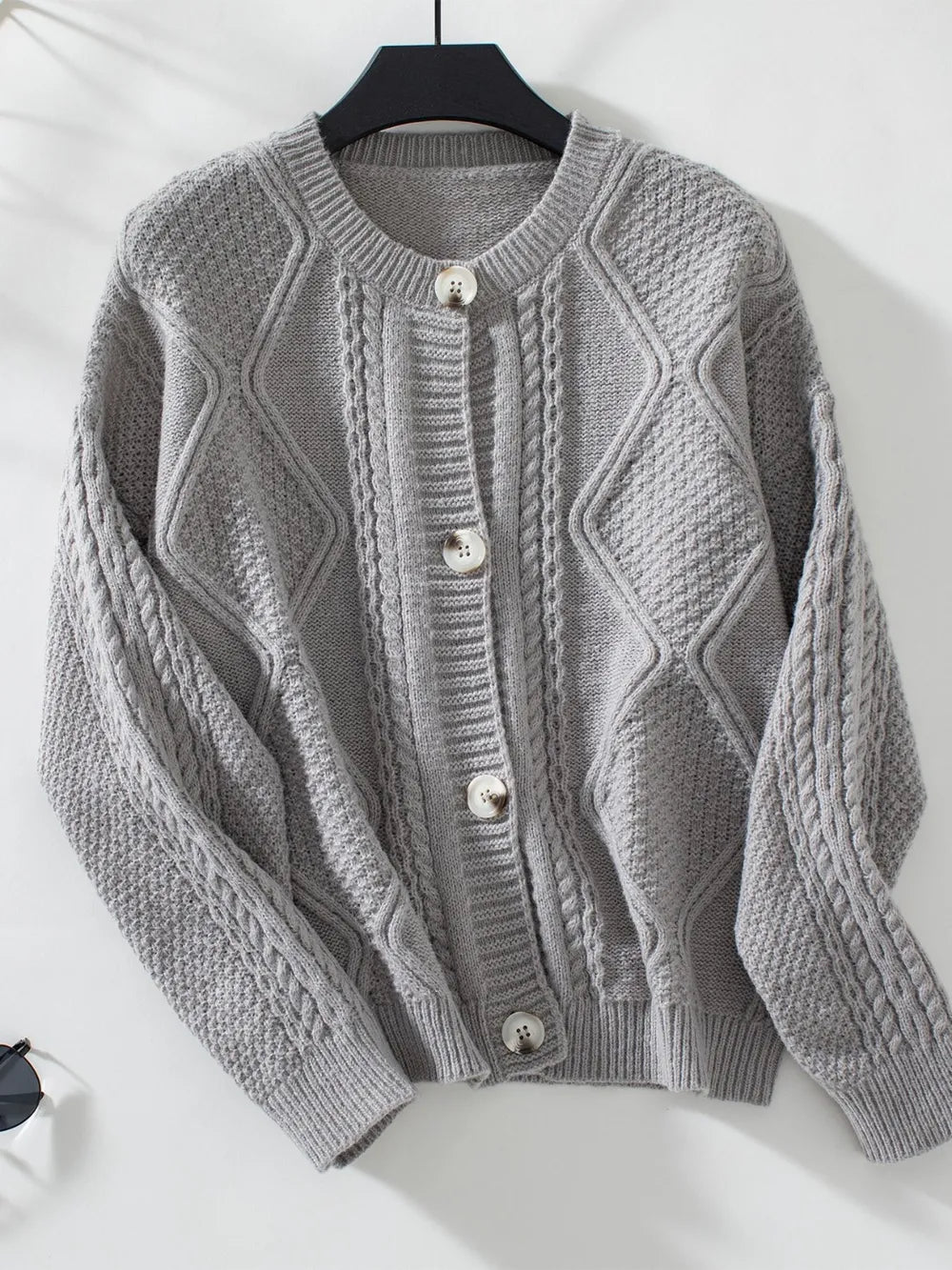 Cable-Knit Round Neck Button Up Cardigan Gray - Fashorio