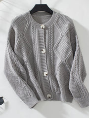 Cable-Knit Round Neck Button Up Cardigan Gray - Fashorio