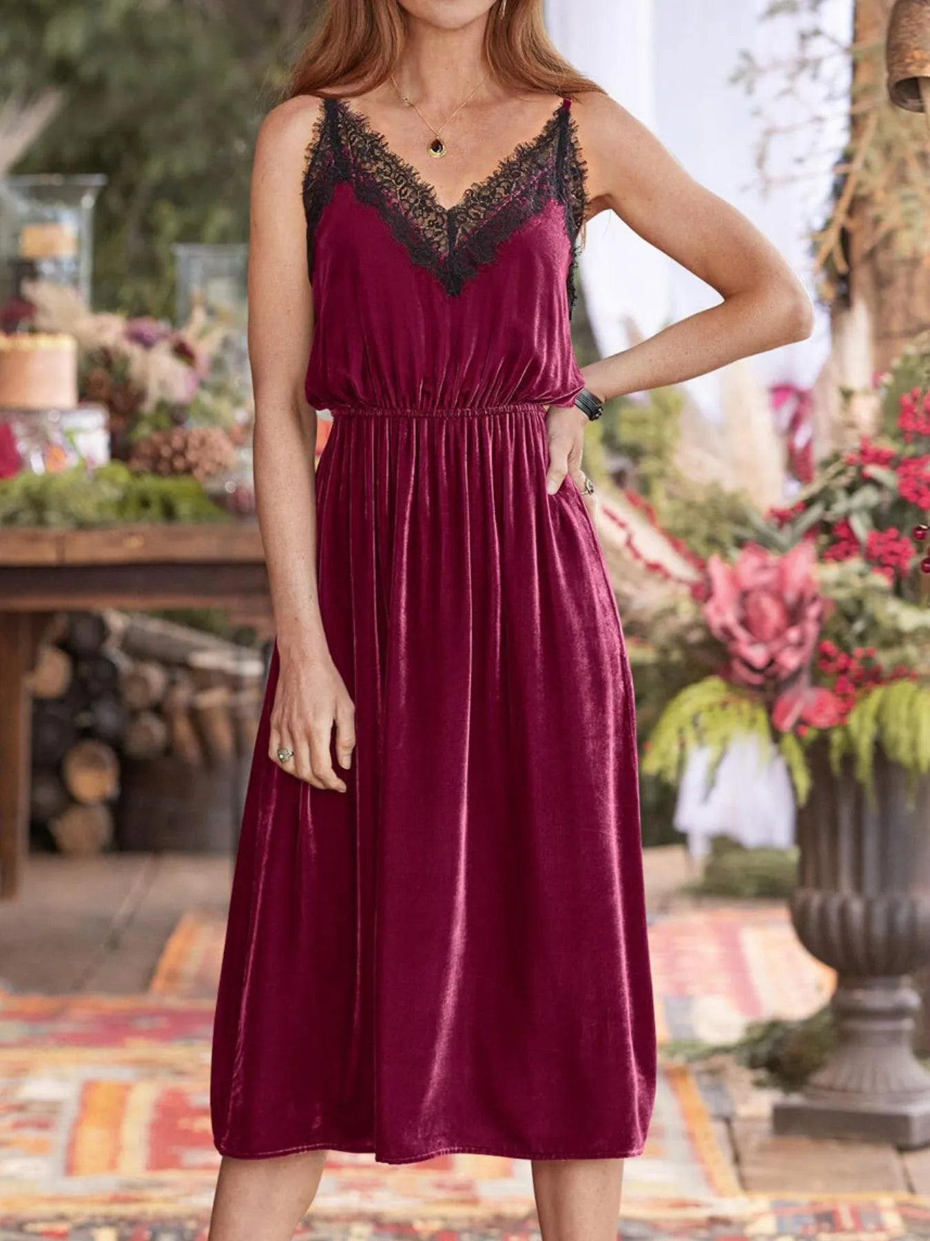 Velvet Cami Lounge Dress with Lace Trim Burgundy - Fashorio