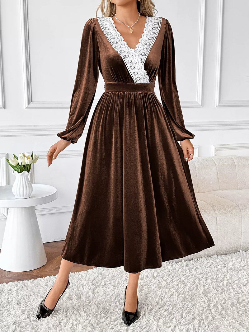 Velvet a line lace trim midi dress front view