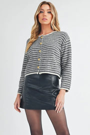 Aemi + Co Striped Button Down Round Neck Cardigan Black - Fashorio