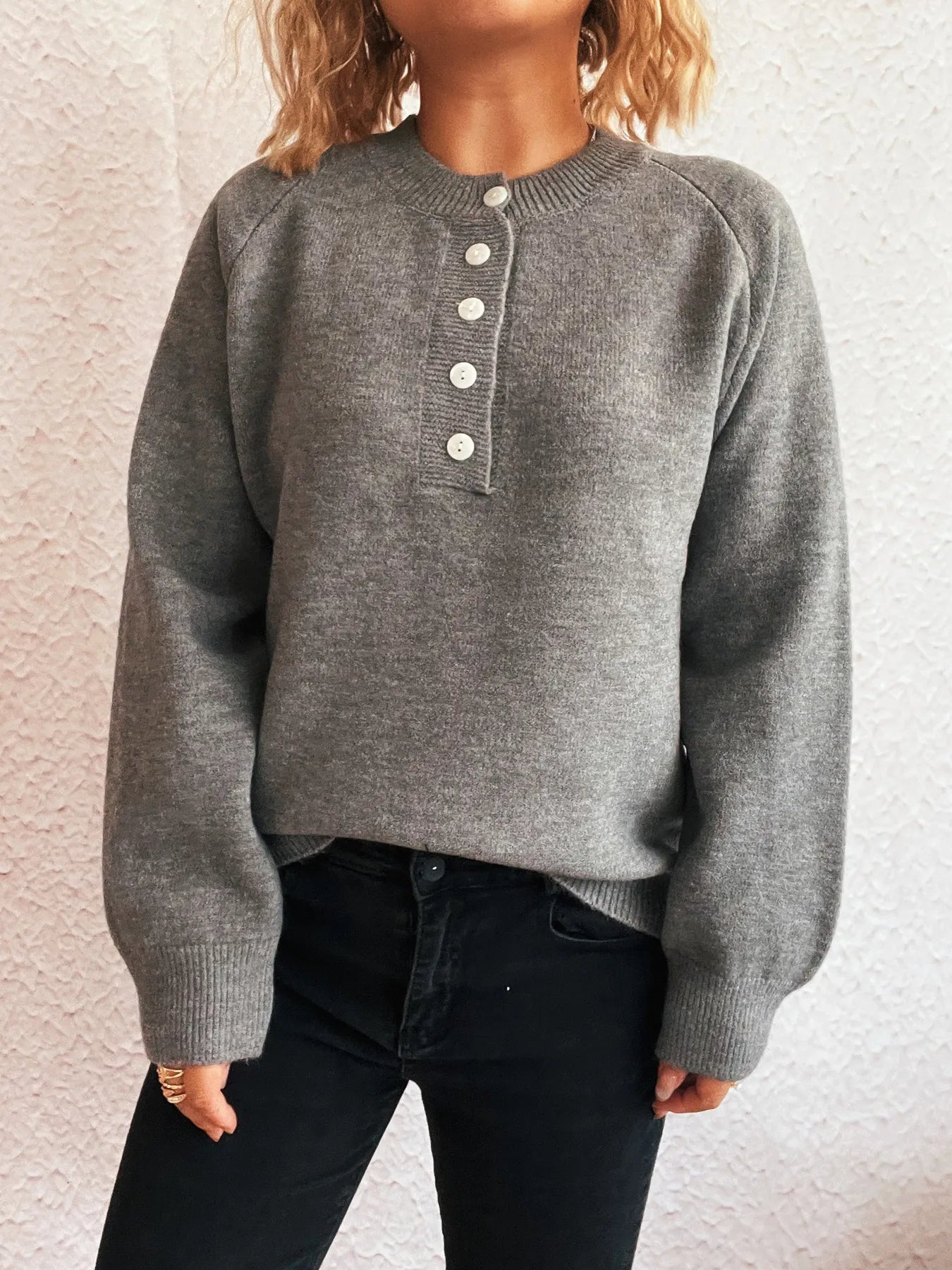 Button-Front Long Sleeve Sweater - Fashorio