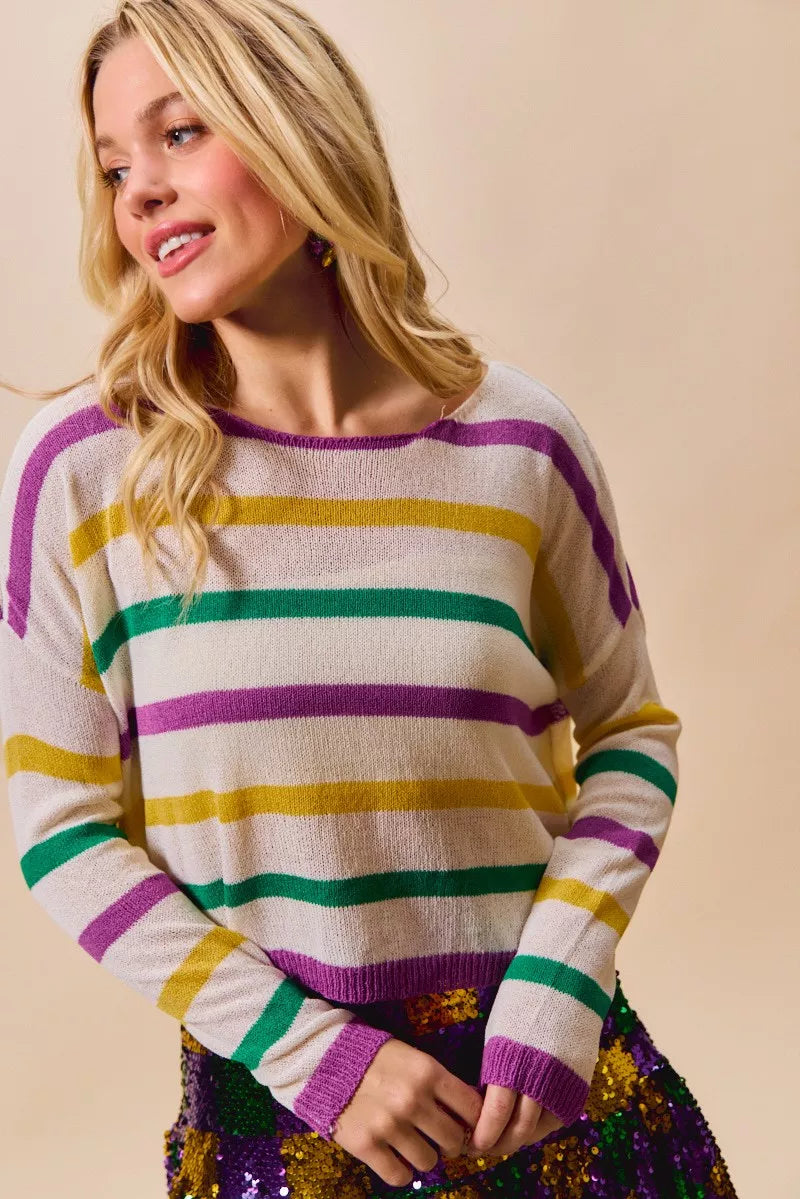 Multi Color Stripe Lightweight Sweater Top in Ivory view 7