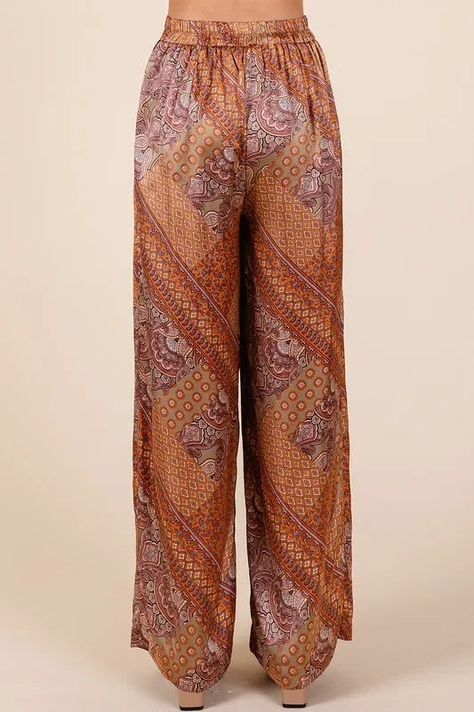 Paisley patchwork satin wide leg pants back view