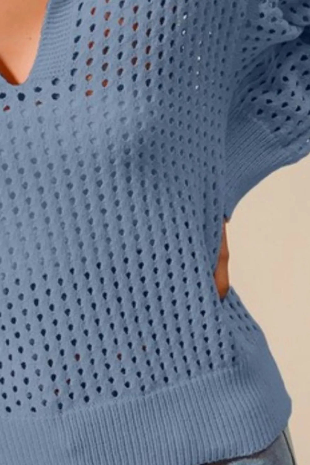 Open Knit Polo Sweater Top in Denim Blue side view