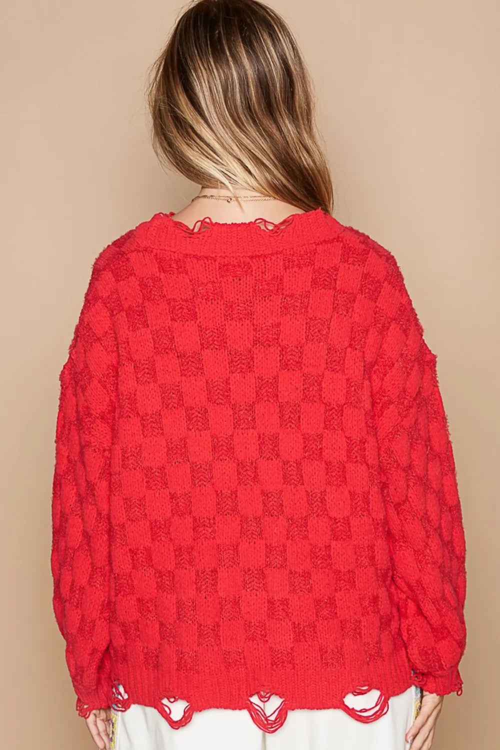 Checkered Distressed Edge Sweater in Candy Apple Red back view