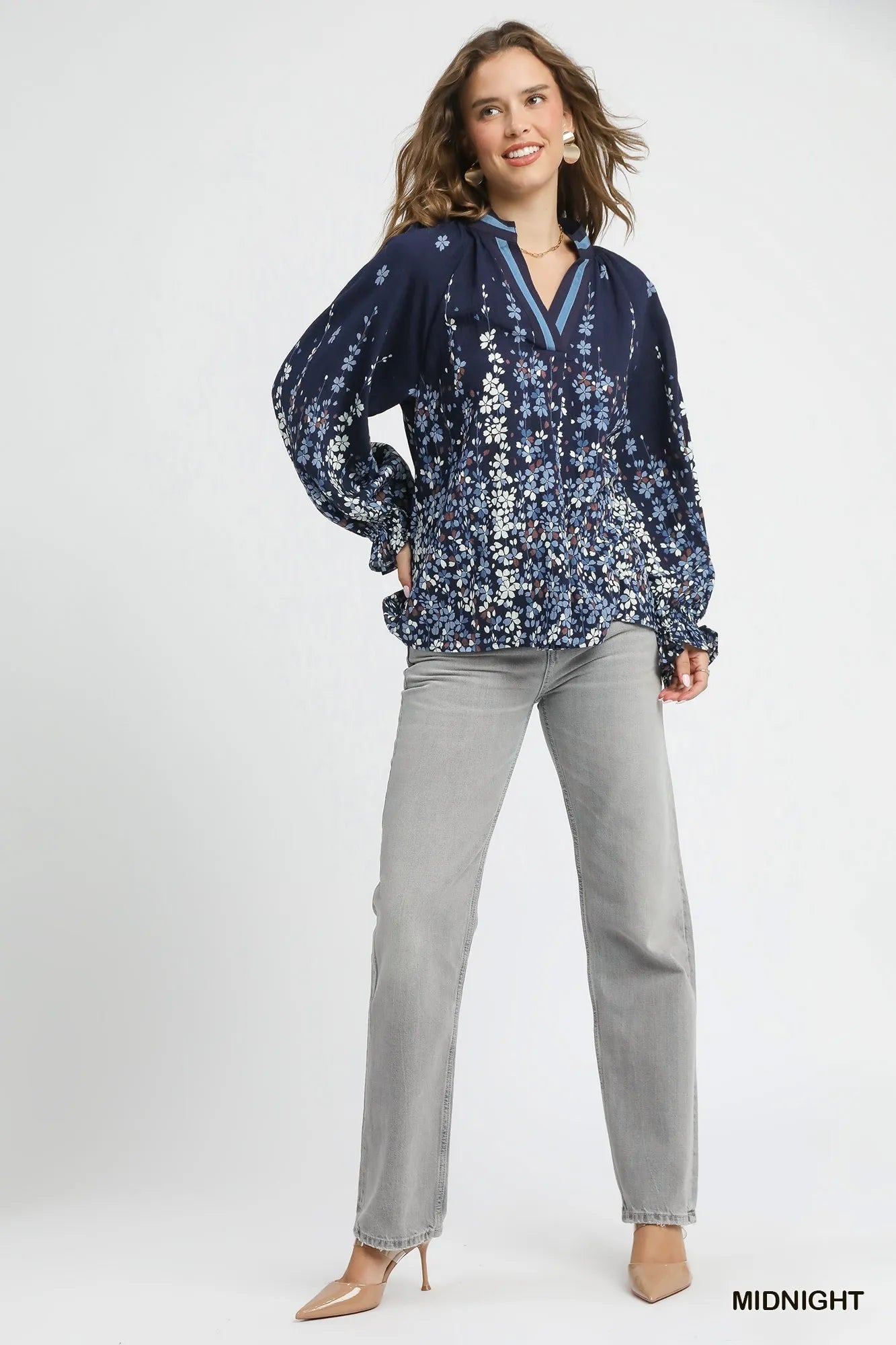Umgee Full Size Floral Vine Print Blouse with Balloon Sleeves Plus Size - Fashorio