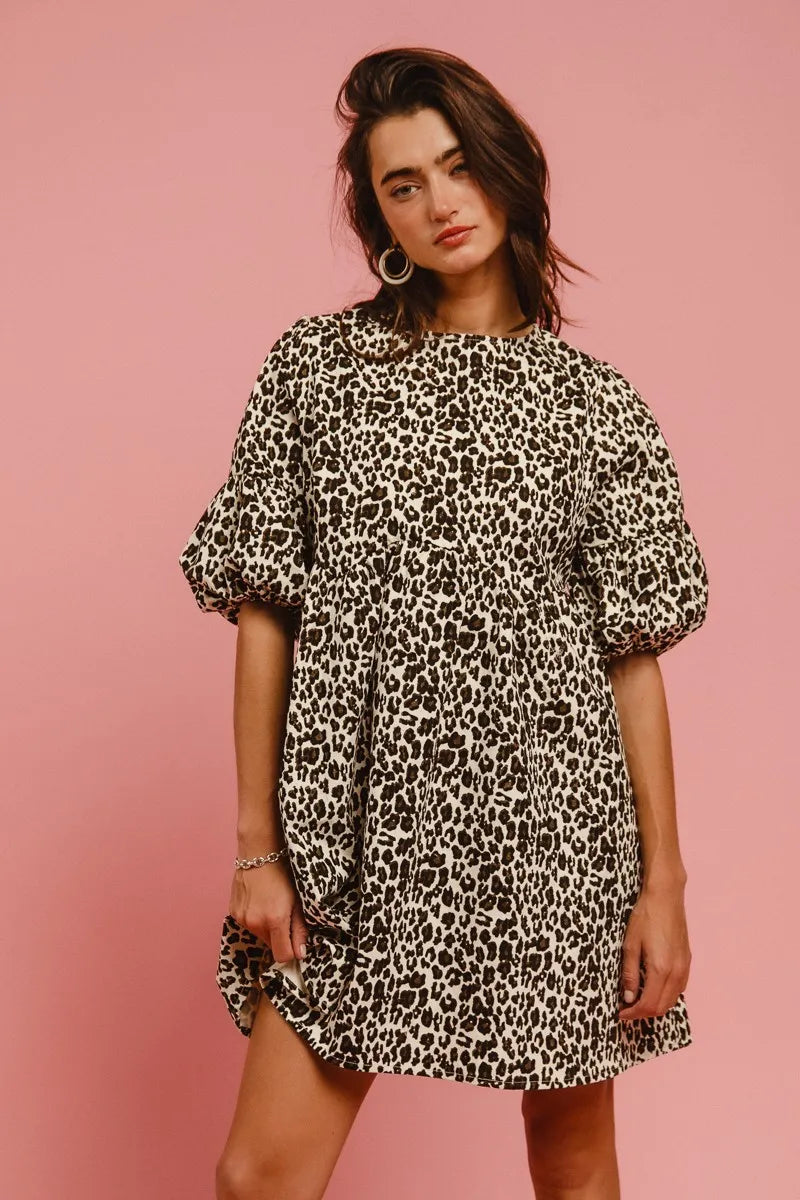 BiBi Leopard Denim Dress With Back Contrast Tie Detail - Fashorio