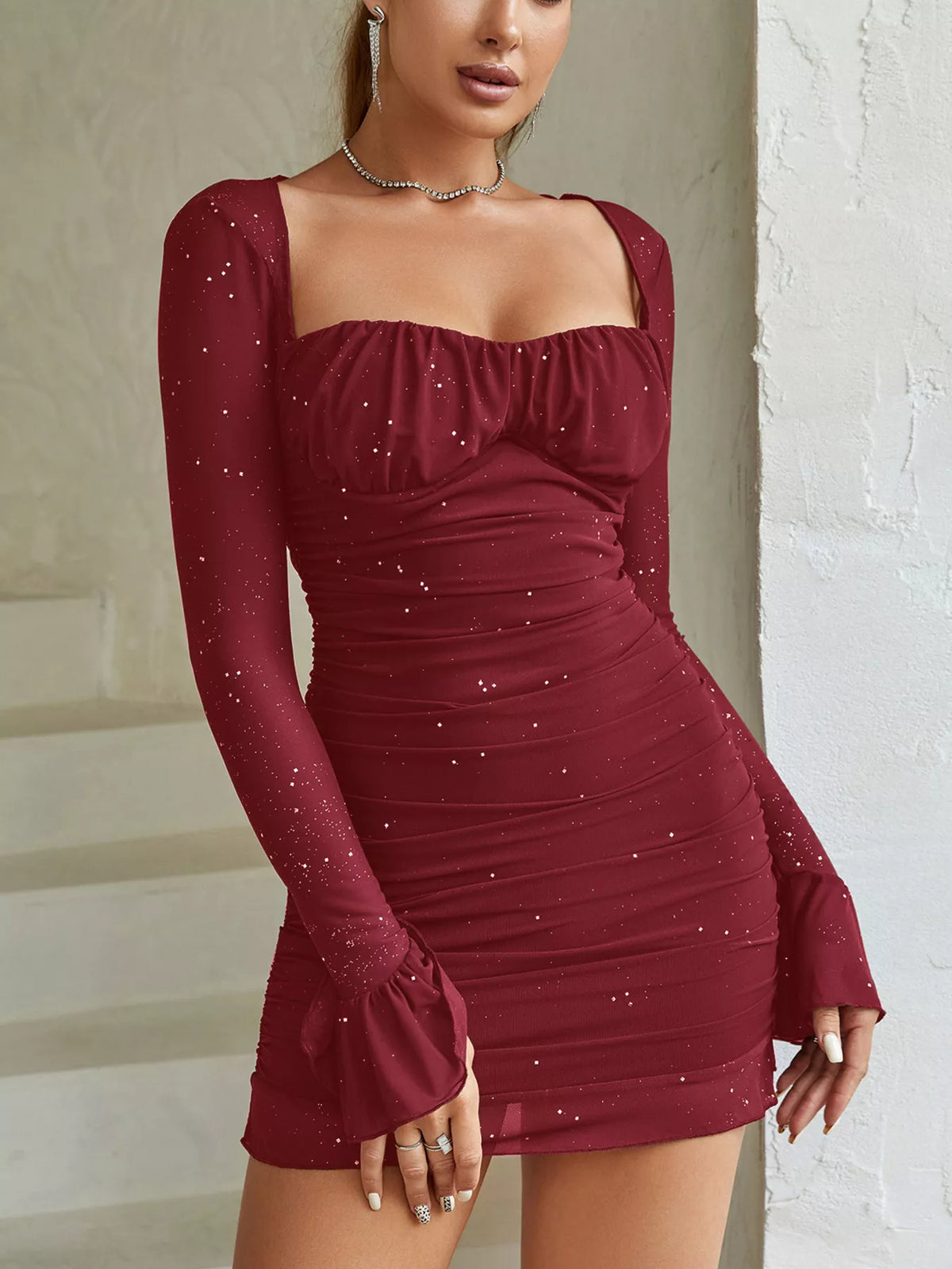 ruched glitter bodycon mini dress front view