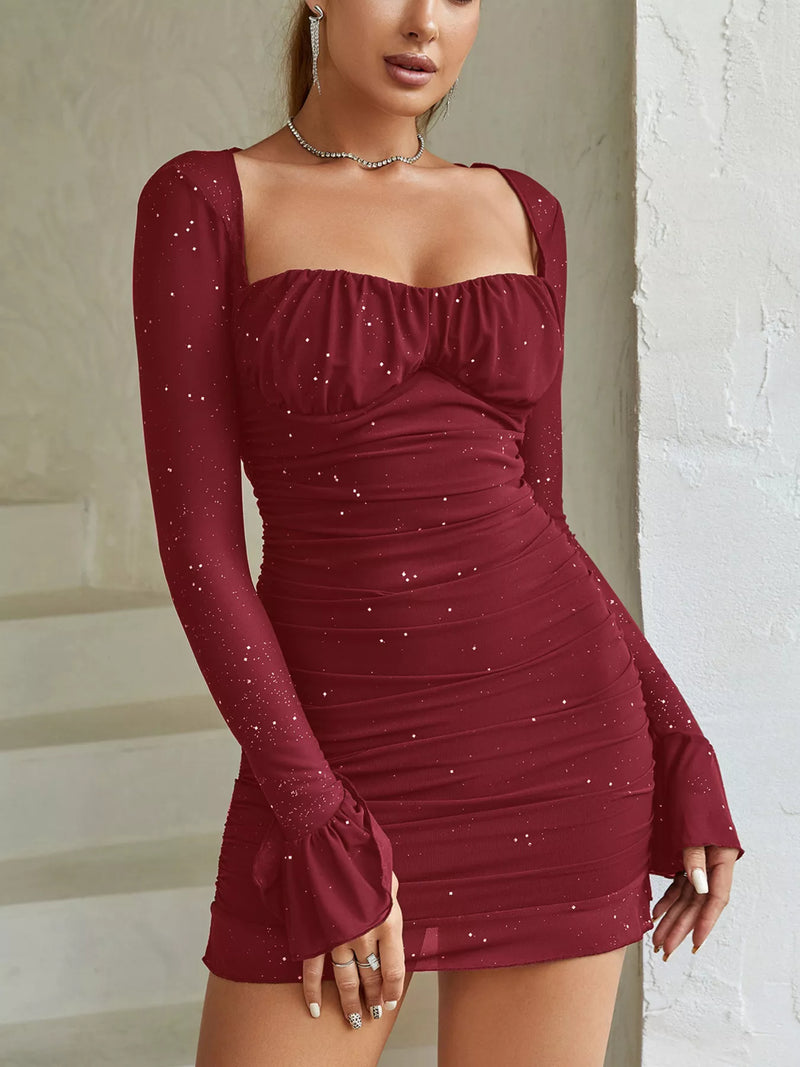 ruched glitter bodycon mini dress front view