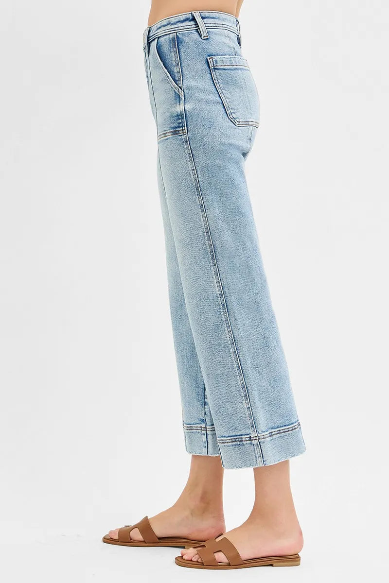 RISEN Full Size High Rise Crop Wide Front Seam Detailed Jeans Plus Size - Fashorio