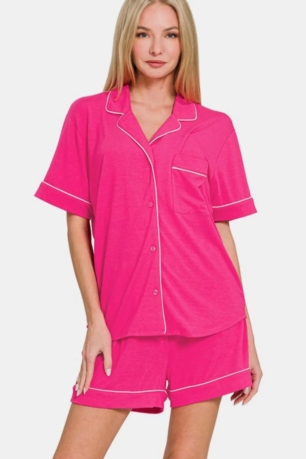 Zenana Button Down Short Sleeve Top and Shorts Lounge Set Hot Pink - Fashorio