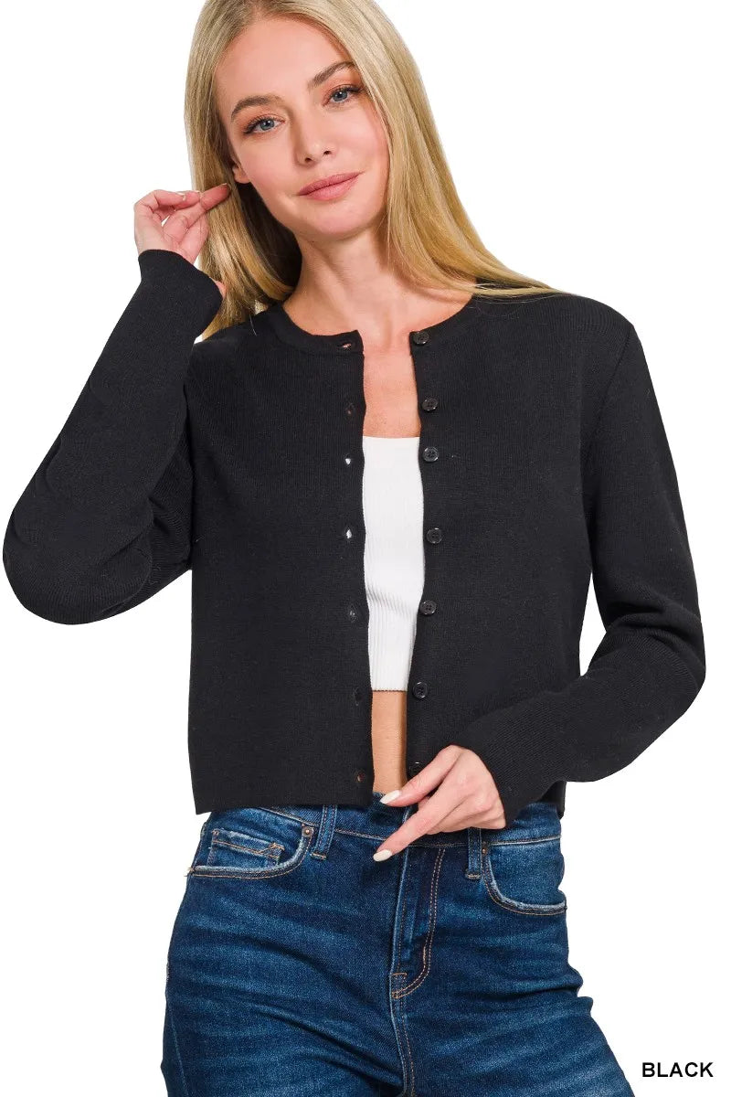 Zenana Button-Front Crewneck Long Sleeve Cropped Cardigan - Fashorio