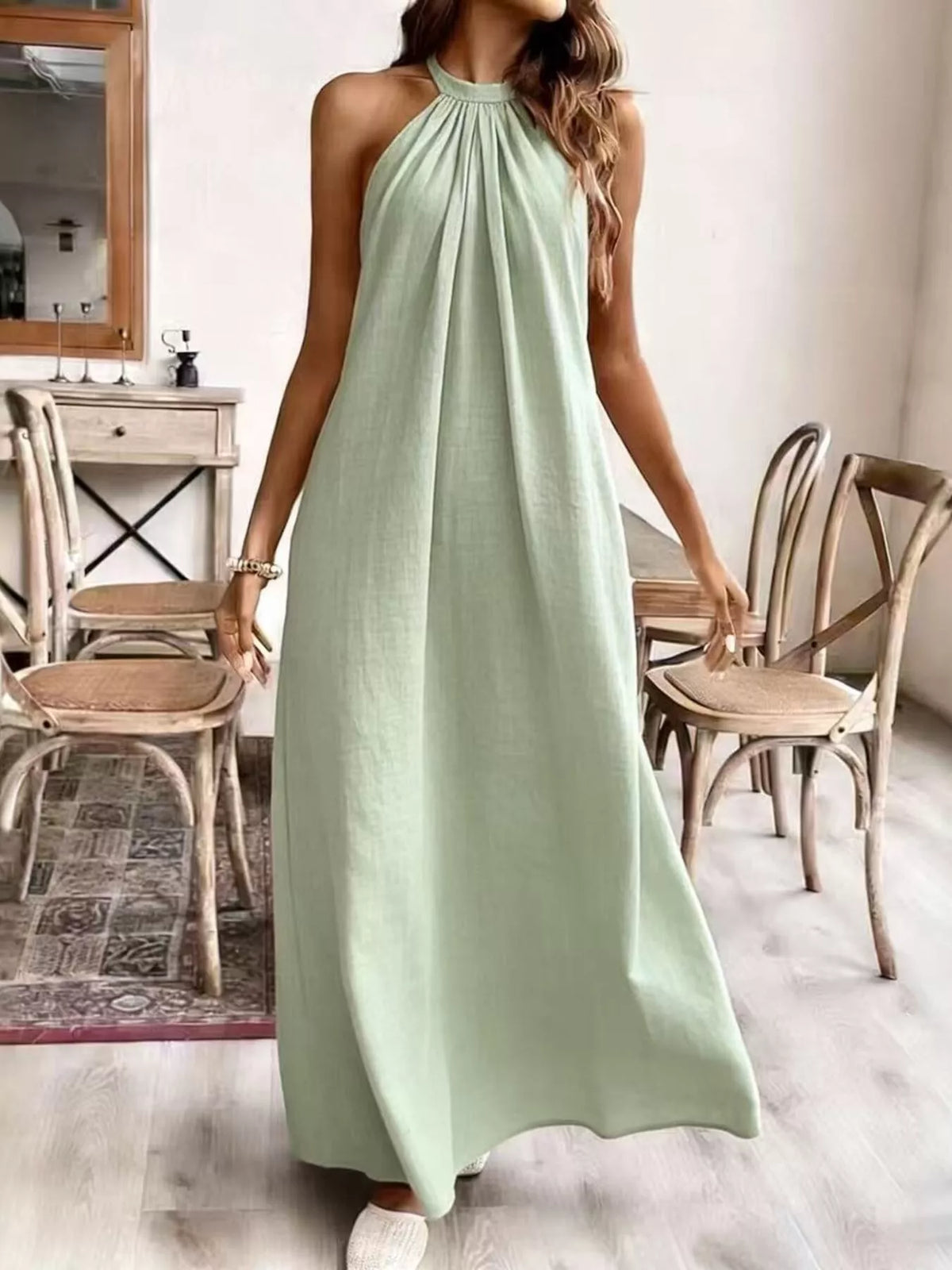 Halter neck ruched maxi dress styled view