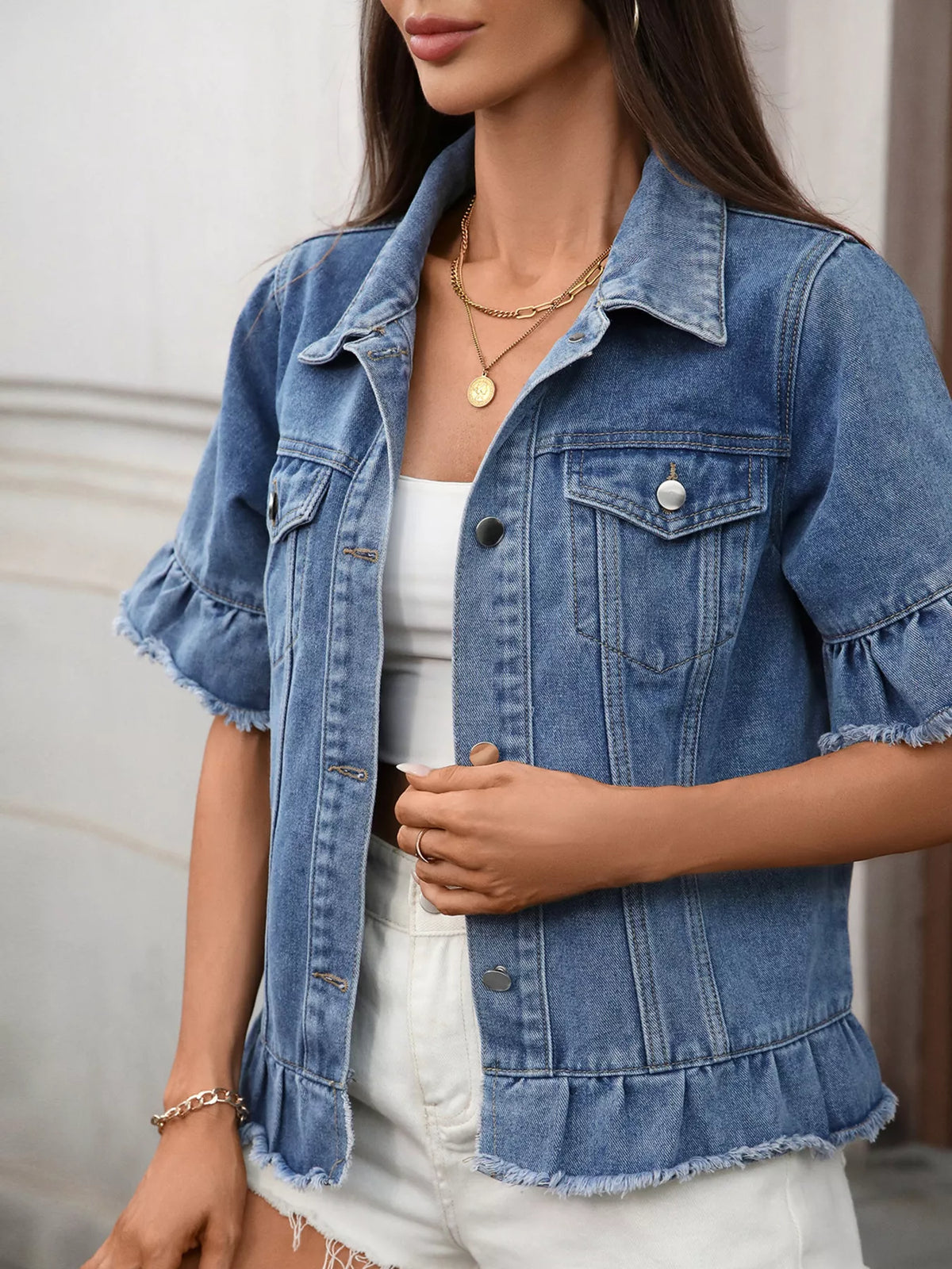Raw Hem Button Up Denim Jacket in Blue styled look