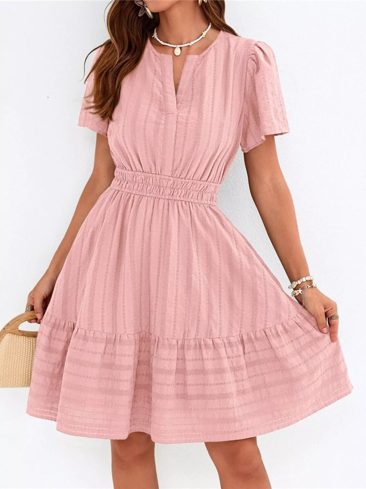 Short sleeve smocked waist tiered midi dress front view