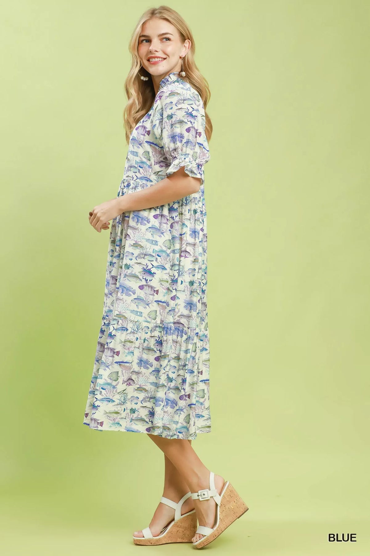 Blue print midi dress ruffle collar V neck detail