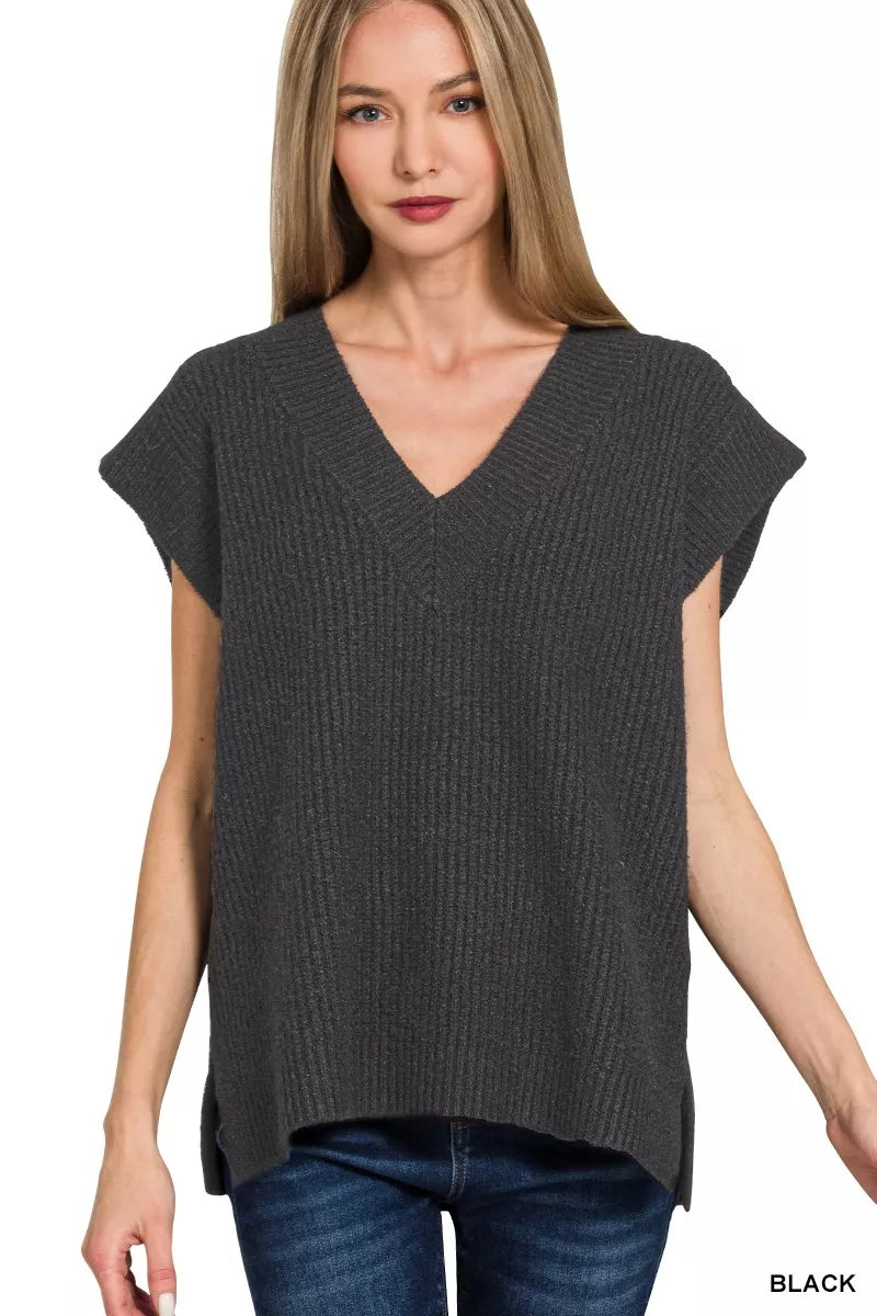 Ribbed Side Slit V Neck Sweater Vest in Black