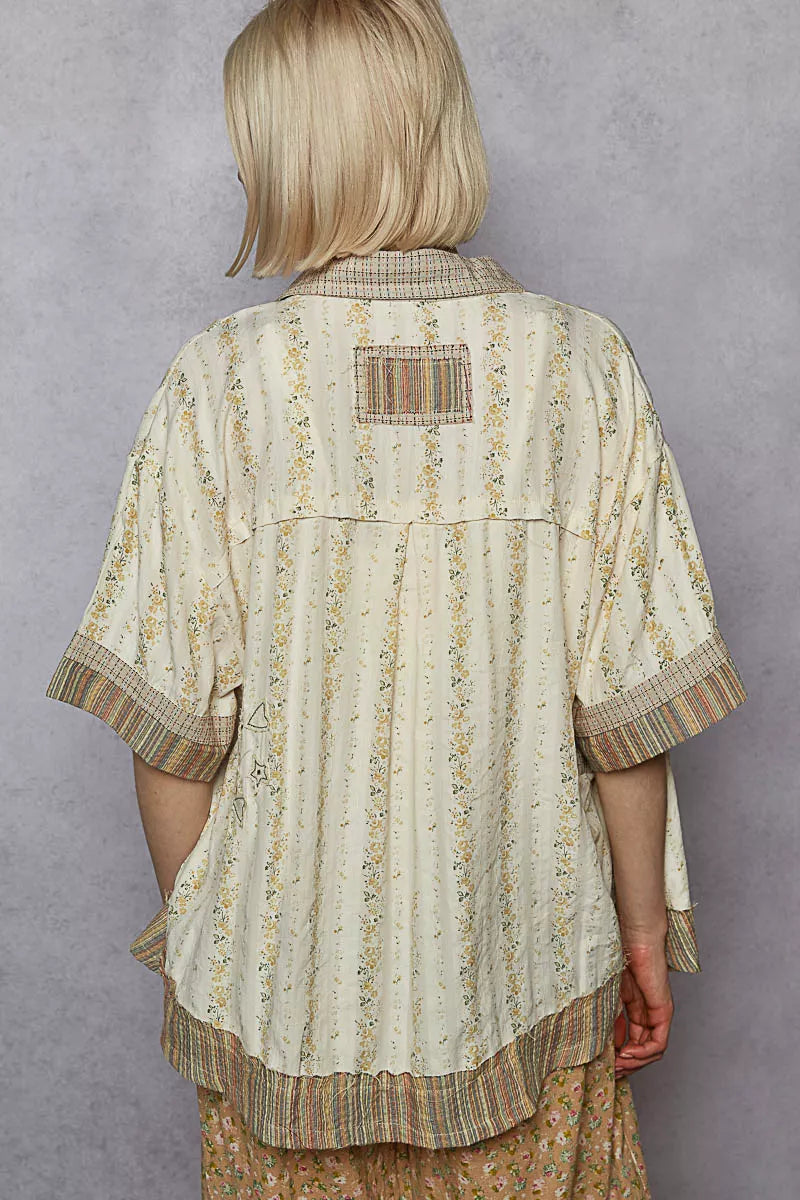 Short sleeve patchwork button down shirt back view