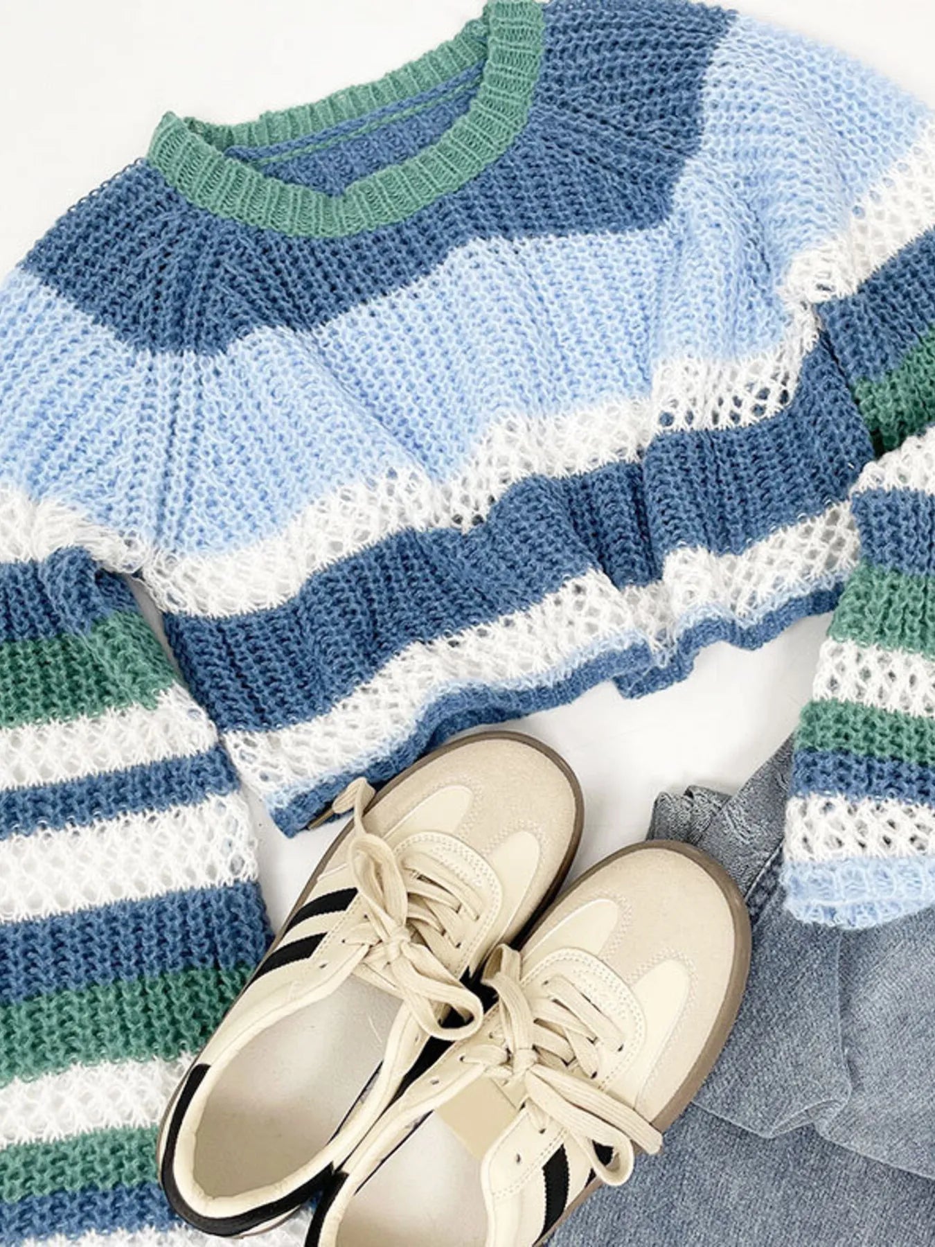 Openwork Striped Color Block Crop Sweater - Fashorio