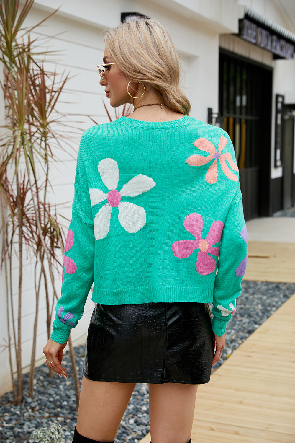 Flower Round Neck Drop Shoulder Sweater - Fashorio