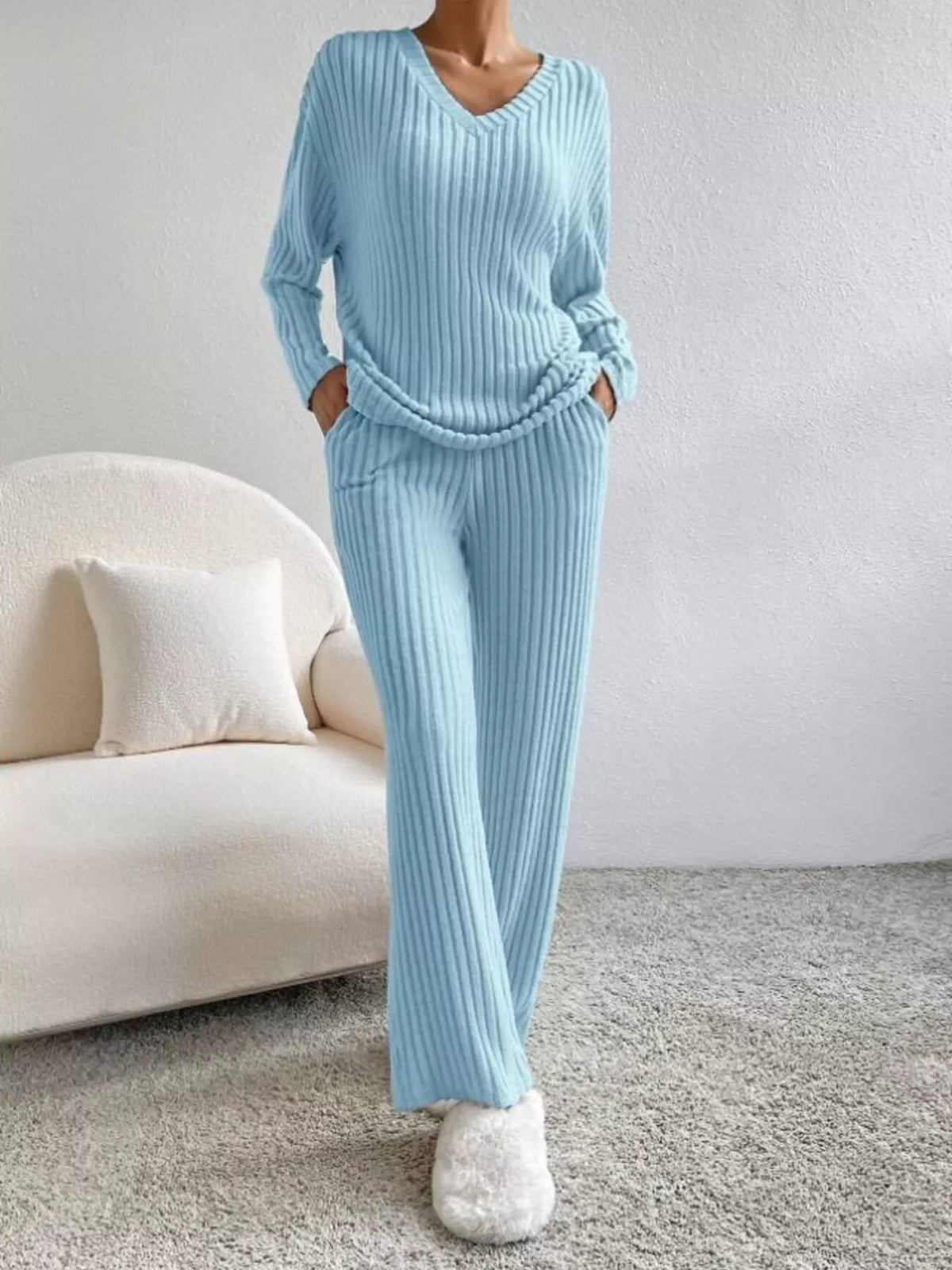 Ribbed Knit V Neck Top and Pants Set, view 20