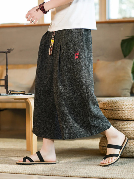 Men's Plus Size Wide Leg Cropped Pants with Drawstring Black - Fashorio