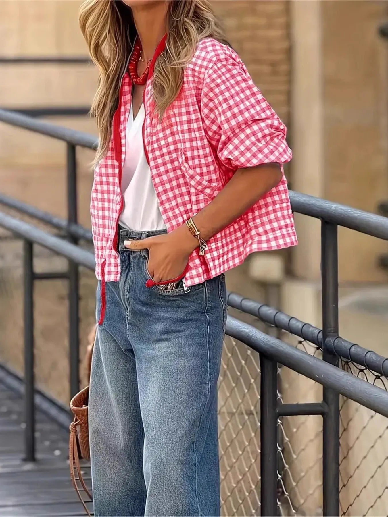 Plaid Zip-Up Long Sleeve Jacket – Lightweight Casual Layer Pink - Fashorio