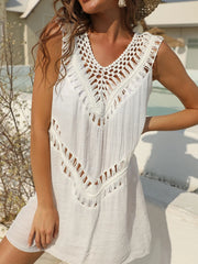 Crochet Detail Beach Cover Up Dress White One Size - Fashorio